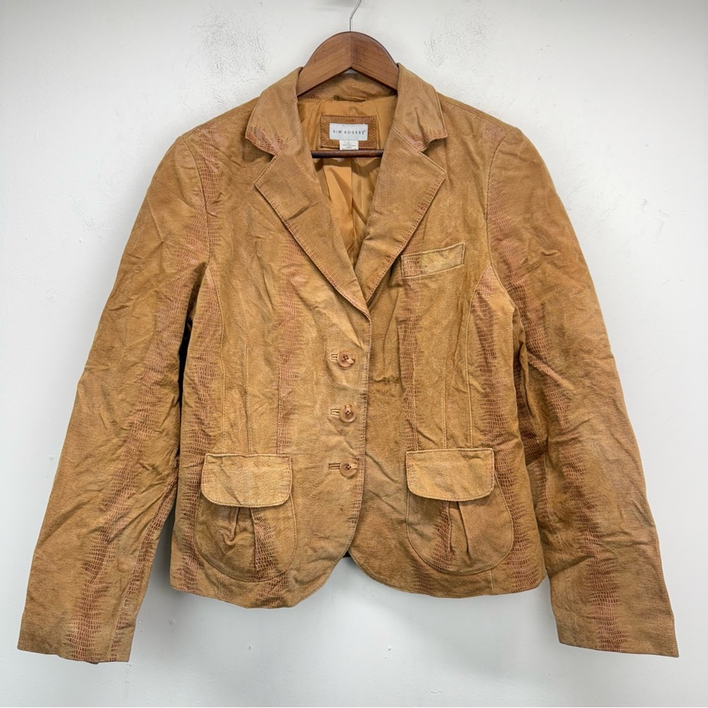 Kim Rogers Sz Large Women’s Tan Snakeskin Print Leather Button Up Blazer Jacket